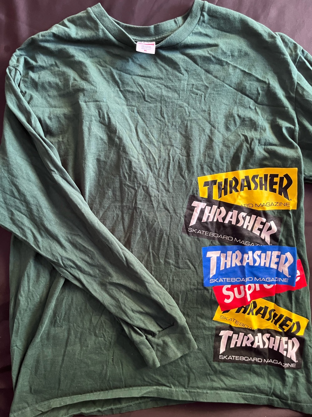 Supreme Dark Green Long Sleeve Shirt with Multicolor Thrasher Graphics